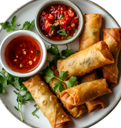 Crispy fried rolls stuffed with minced chicken and vegetables, served with sweet chili sauce.